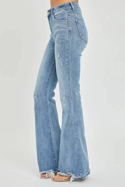 Risen Full Size High Rise Frayed Hem Flare Jeans - VILLA FASHION