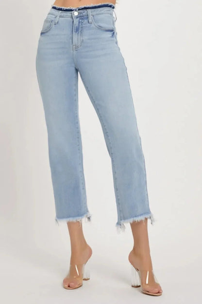 RISEN Full Size High Rise Raw Edge Crop Jeans - VILLA FASHION