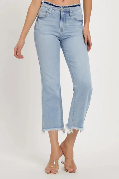 RISEN Full Size High Rise Raw Edge Crop Jeans - VILLA FASHION