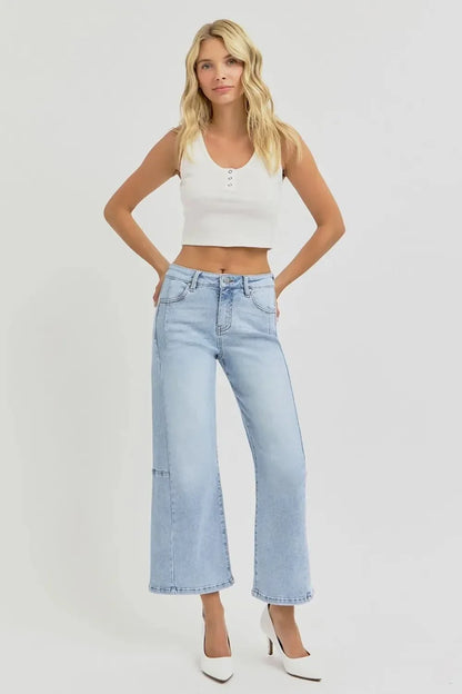 RISEN Full Size High Rise Seamed Detail Wide Leg Crop Jeans - VILLA FASHION
