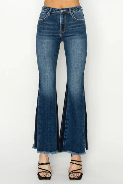 RISEN Full Size High Rise Side Shadow Seam Detail Slit Flare Jeans - VILLA FASHION