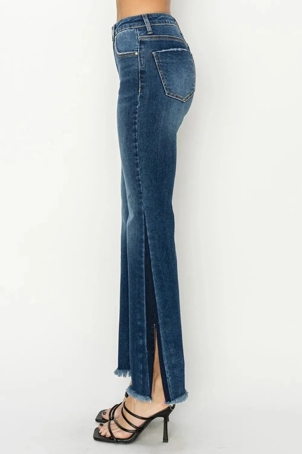 RISEN Full Size High Rise Side Shadow Seam Detail Slit Flare Jeans - VILLA FASHION