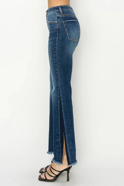 RISEN Full Size High Rise Side Shadow Seam Detail Slit Flare Jeans - VILLA FASHION