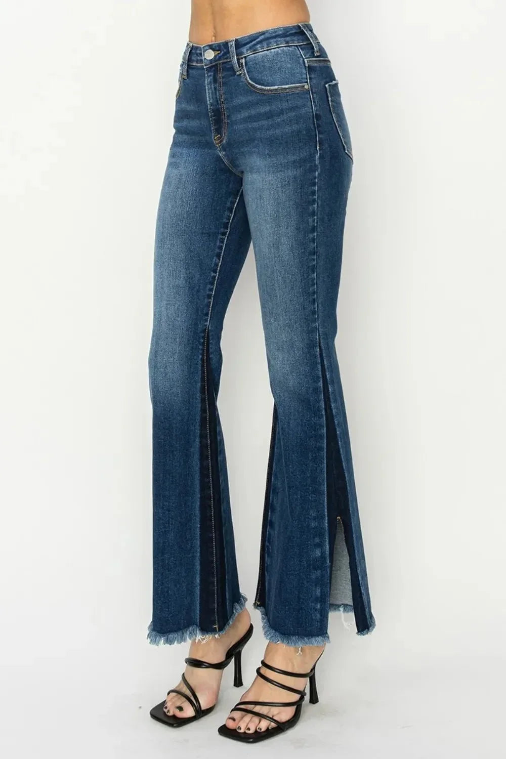 RISEN Full Size High Rise Side Shadow Seam Detail Slit Flare Jeans - VILLA FASHION