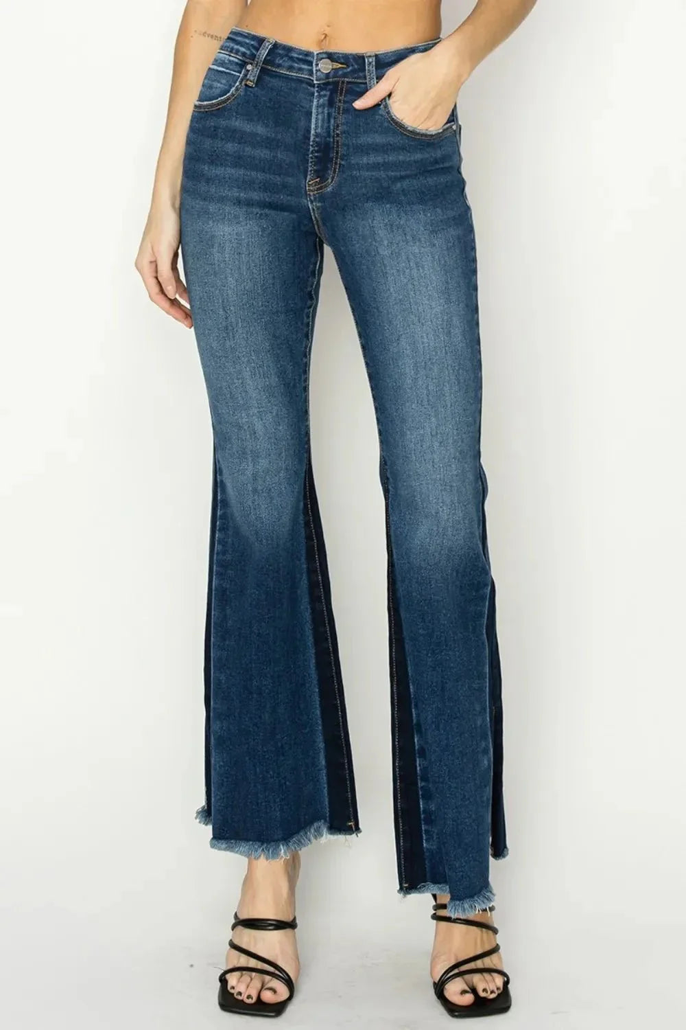 RISEN Full Size High Rise Side Shadow Seam Detail Slit Flare Jeans - VILLA FASHION