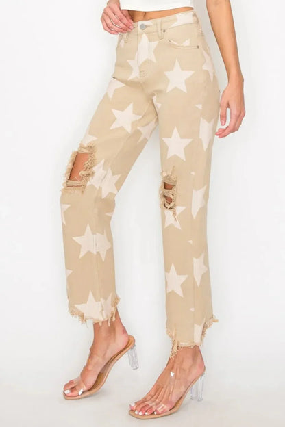 RISEN Full Size High Rise Star Printed Frayed Hem Jeans - VILLA FASHION