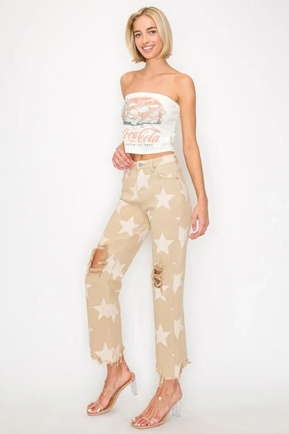 RISEN Full Size High Rise Star Printed Frayed Hem Jeans - VILLA FASHION