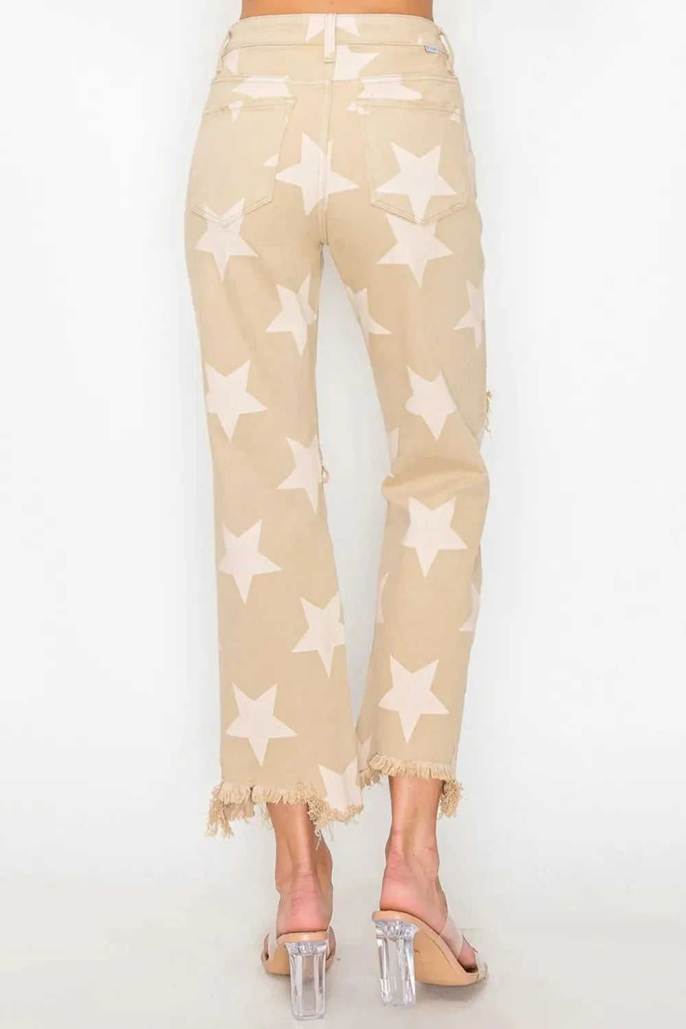 RISEN Full Size High Rise Star Printed Frayed Hem Jeans - VILLA FASHION