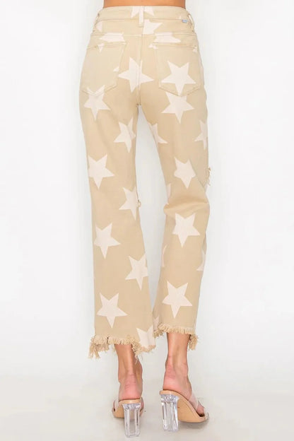 RISEN Full Size High Rise Star Printed Frayed Hem Jeans - VILLA FASHION