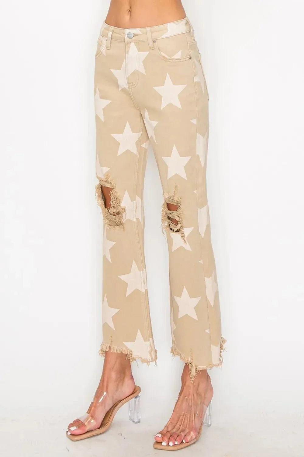 RISEN Full Size High Rise Star Printed Frayed Hem Jeans - VILLA FASHION