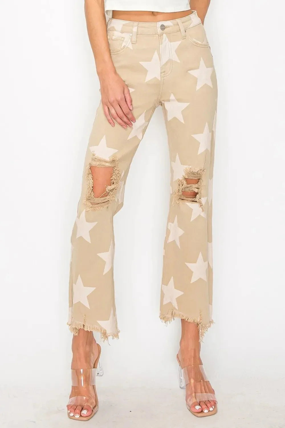 RISEN Full Size High Rise Star Printed Frayed Hem Jeans - VILLA FASHION