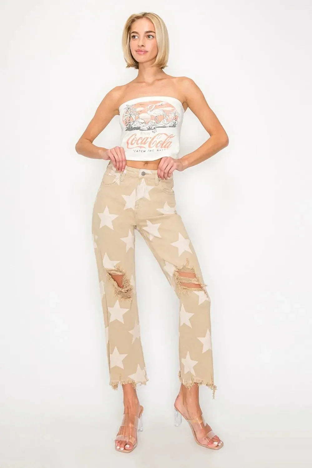 RISEN Full Size High Rise Star Printed Frayed Hem Jeans - VILLA FASHION