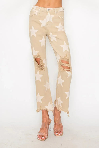 RISEN Full Size High Rise Star Printed Frayed Hem Jeans - VILLA FASHION