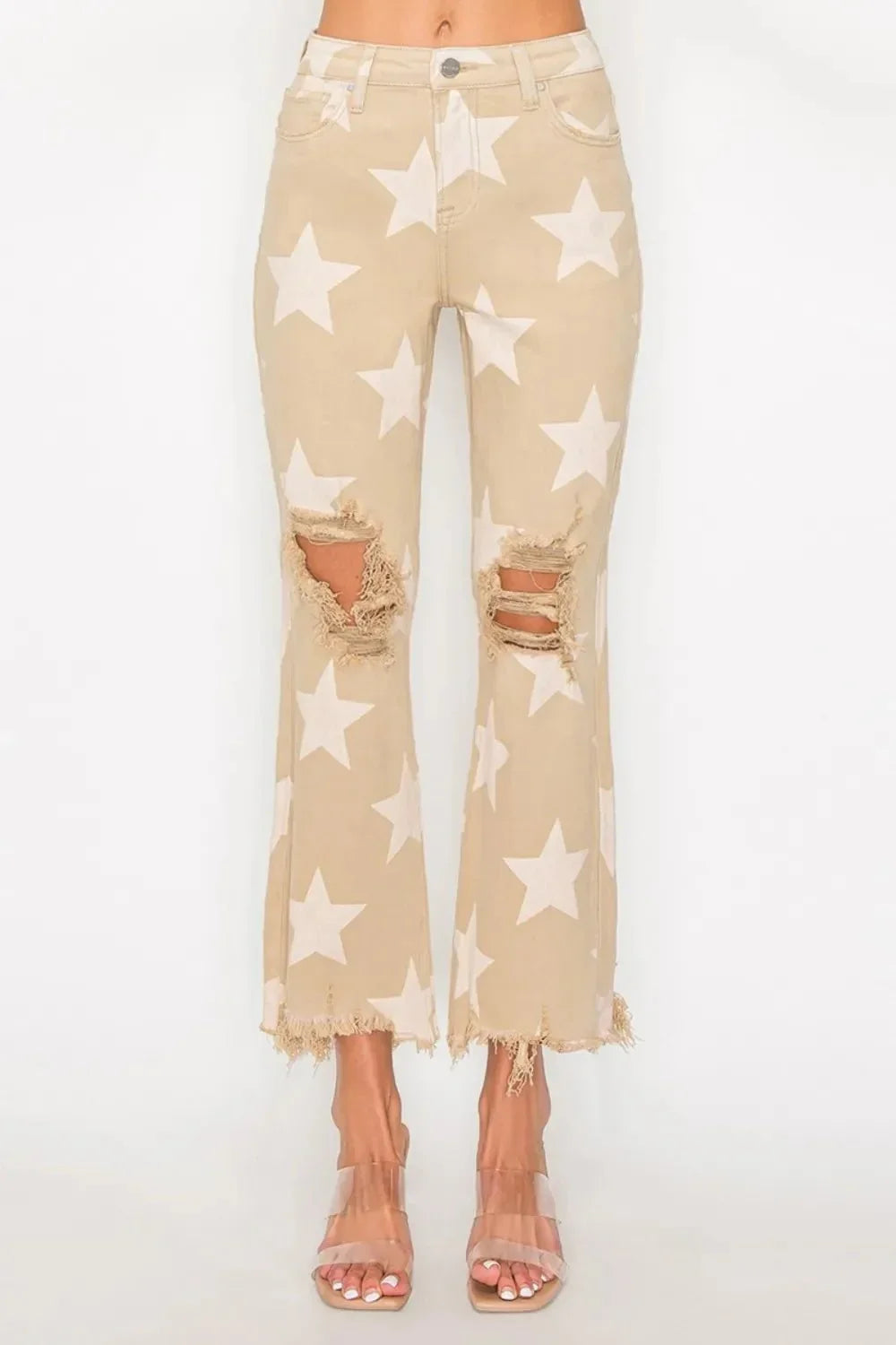 RISEN Full Size High Rise Star Printed Frayed Hem Jeans - VILLA FASHION