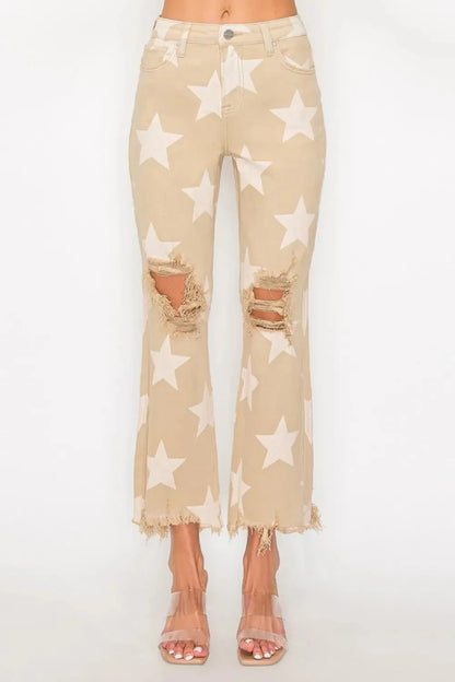 RISEN Full Size High Rise Star Printed Frayed Hem Jeans - VILLA FASHION