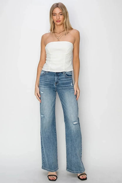 RISEN Full Size High Waist Distressed Wide Leg Jeans - VILLA FASHION
