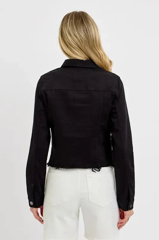 RISEN Full Size Irregular Fray Hem Button Up Denim Jacket Plus Size - VILLA FASHION