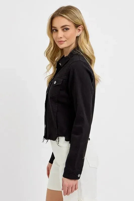 RISEN Full Size Irregular Fray Hem Button Up Denim Jacket Plus Size - VILLA FASHION