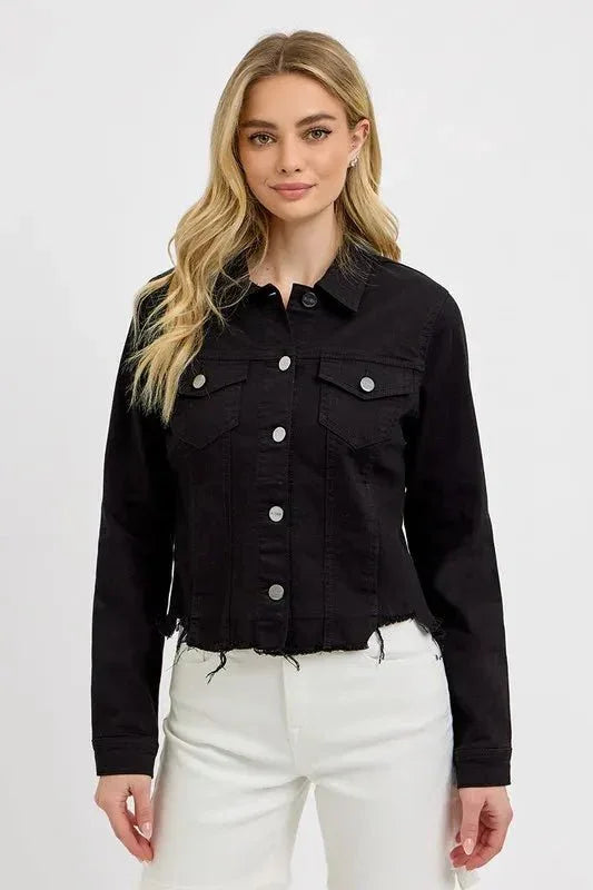 RISEN Full Size Irregular Fray Hem Button Up Denim Jacket Plus Size - VILLA FASHION