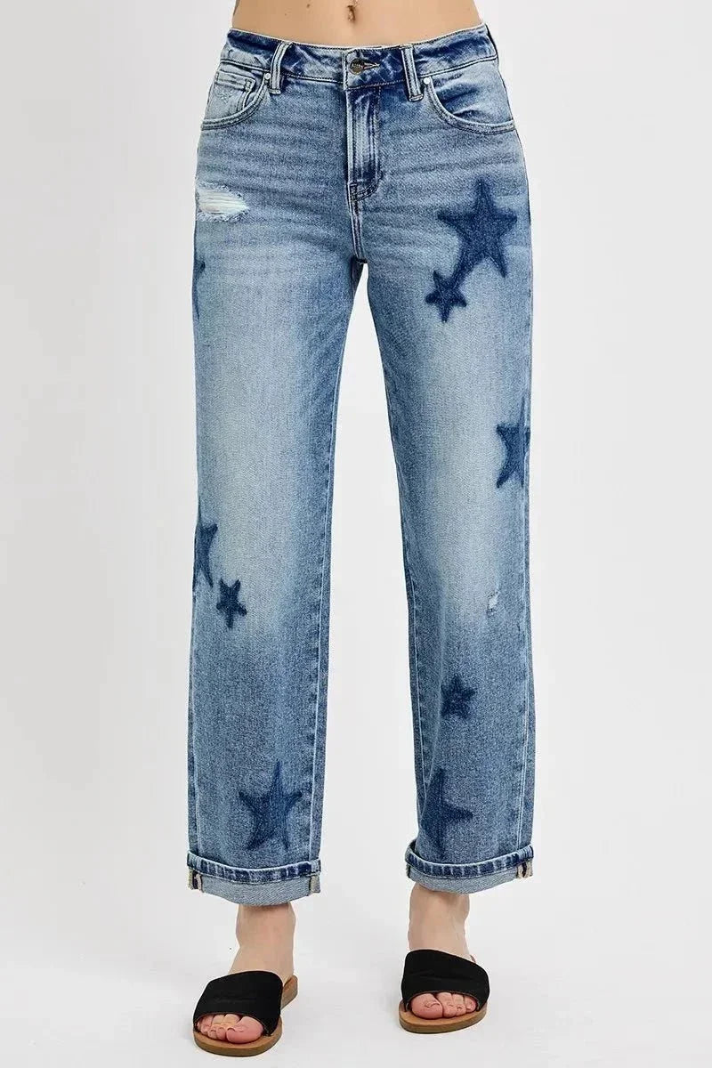 RISEN Full Size Mid Rise Boyfriend Star Shadow Detail Cuffed Jeans Plus Size - VILLA FASHION