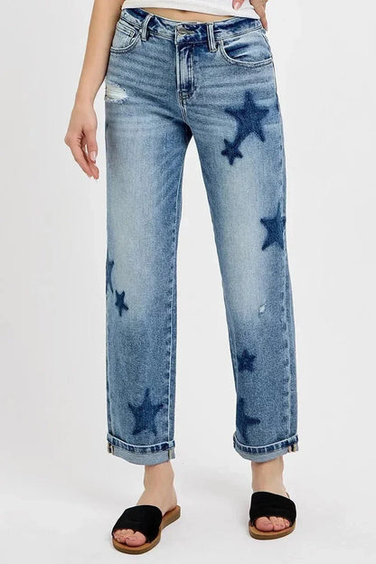 RISEN Full Size Mid Rise Boyfriend Star Shadow Detail Cuffed Jeans Plus Size - VILLA FASHION