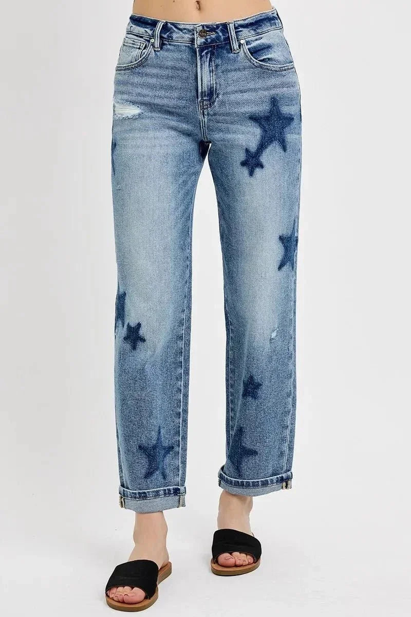 RISEN Full Size Mid Rise Boyfriend Star Shadow Detail Cuffed Jeans Plus Size - VILLA FASHION