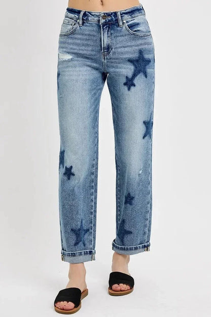 RISEN Full Size Mid Rise Boyfriend Star Shadow Detail Cuffed Jeans Plus Size - VILLA FASHION