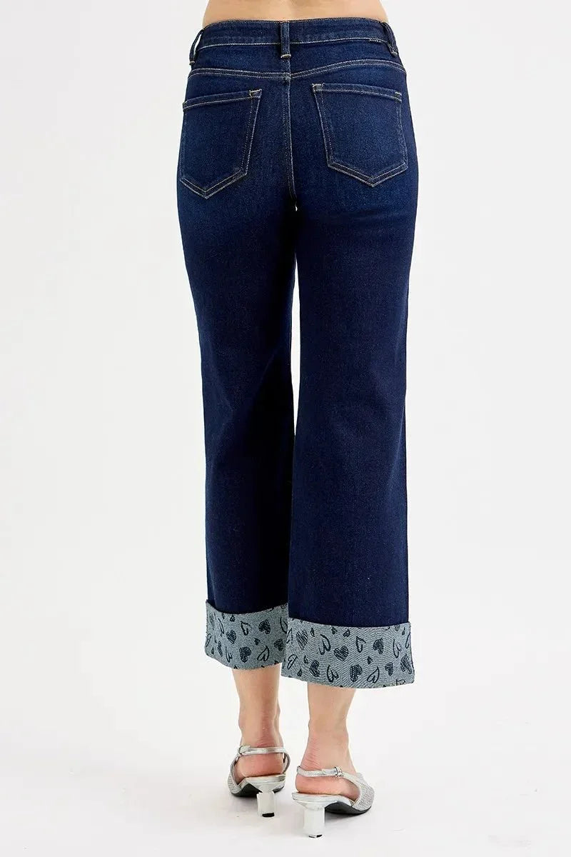 RISEN Full Size Mid Rise Fit Crop Wide With Printed Cuff Jeans Plus Size - VILLA FASHION