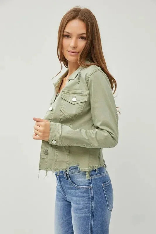 RISEN Full Size Raw Hem Button Up Cropped Denim Jacket Plus Size - VILLA FASHION