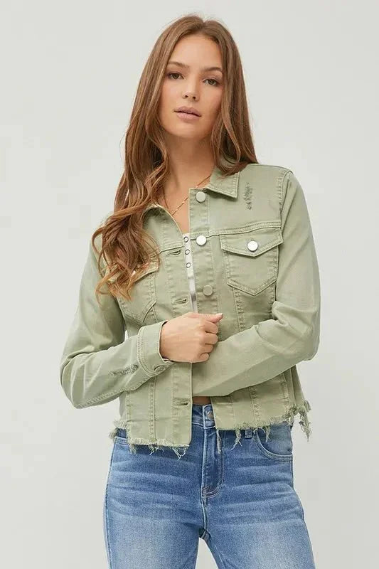 RISEN Full Size Raw Hem Button Up Cropped Denim Jacket Plus Size - VILLA FASHION