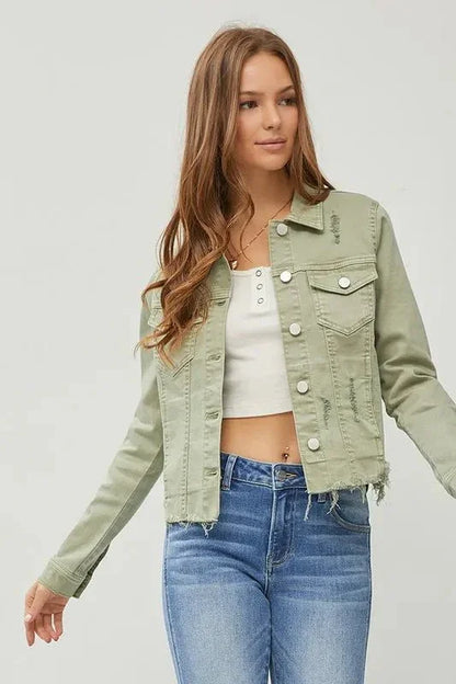 RISEN Full Size Raw Hem Button Up Cropped Denim Jacket Plus Size - VILLA FASHION