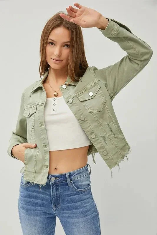 RISEN Full Size Raw Hem Button Up Cropped Denim Jacket Plus Size - VILLA FASHION
