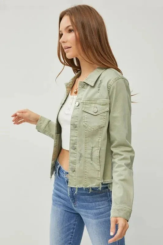 RISEN Full Size Raw Hem Button Up Cropped Denim Jacket Plus Size - VILLA FASHION