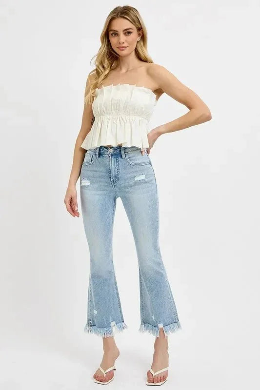 RISEN Full Size Raw Hem Distressed Cropped Flare Jeans Plus Size - VILLA FASHION