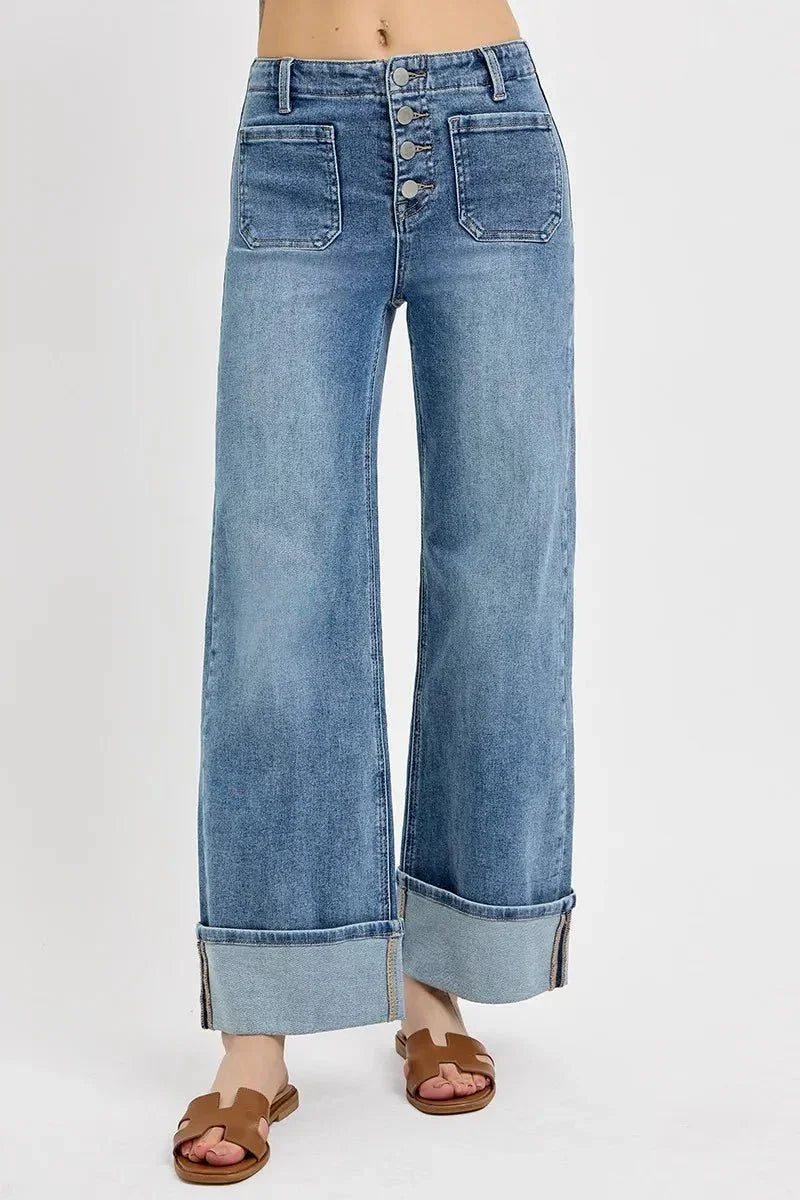 RISEN High Rise Ankle Wide Button Patch Pocket Cuffed Jeans - VILLA FASHION