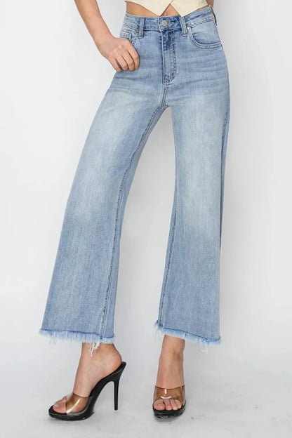 RISEN High Rise Crop Wide Fray Hem Jeans - VILLA FASHION