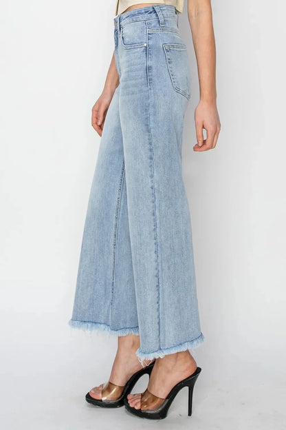 RISEN High Rise Crop Wide Fray Hem Jeans - VILLA FASHION