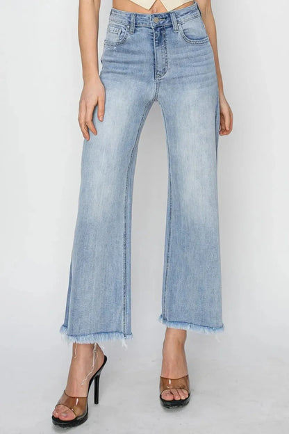 RISEN High Rise Crop Wide Fray Hem Jeans - VILLA FASHION