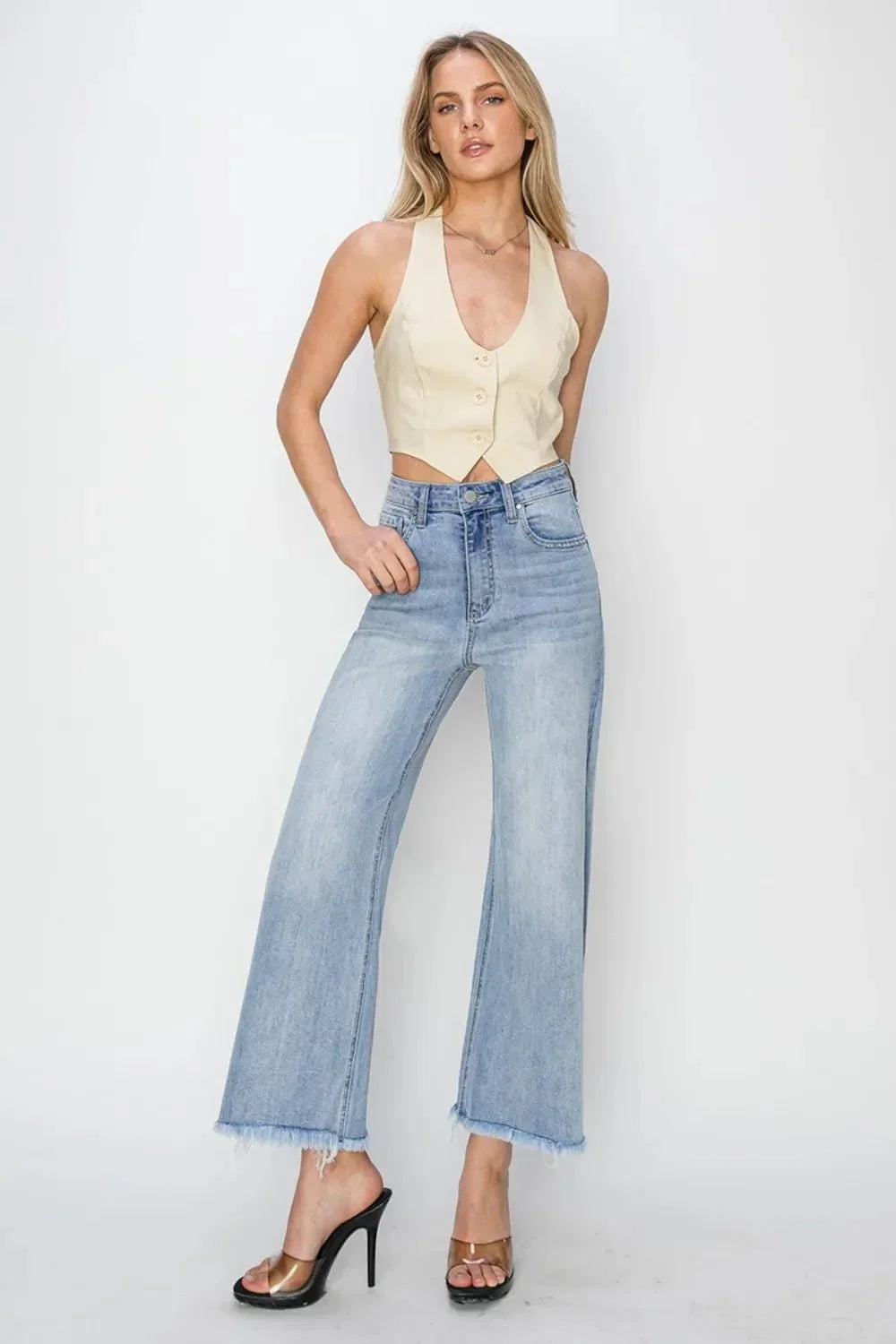 RISEN High Rise Crop Wide Fray Hem Jeans - VILLA FASHION