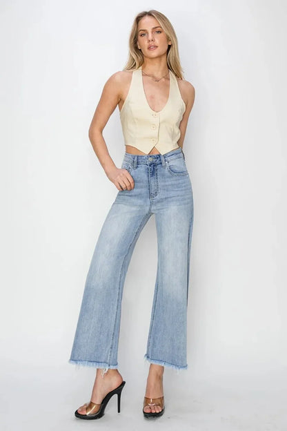 RISEN High Rise Crop Wide Fray Hem Jeans - VILLA FASHION