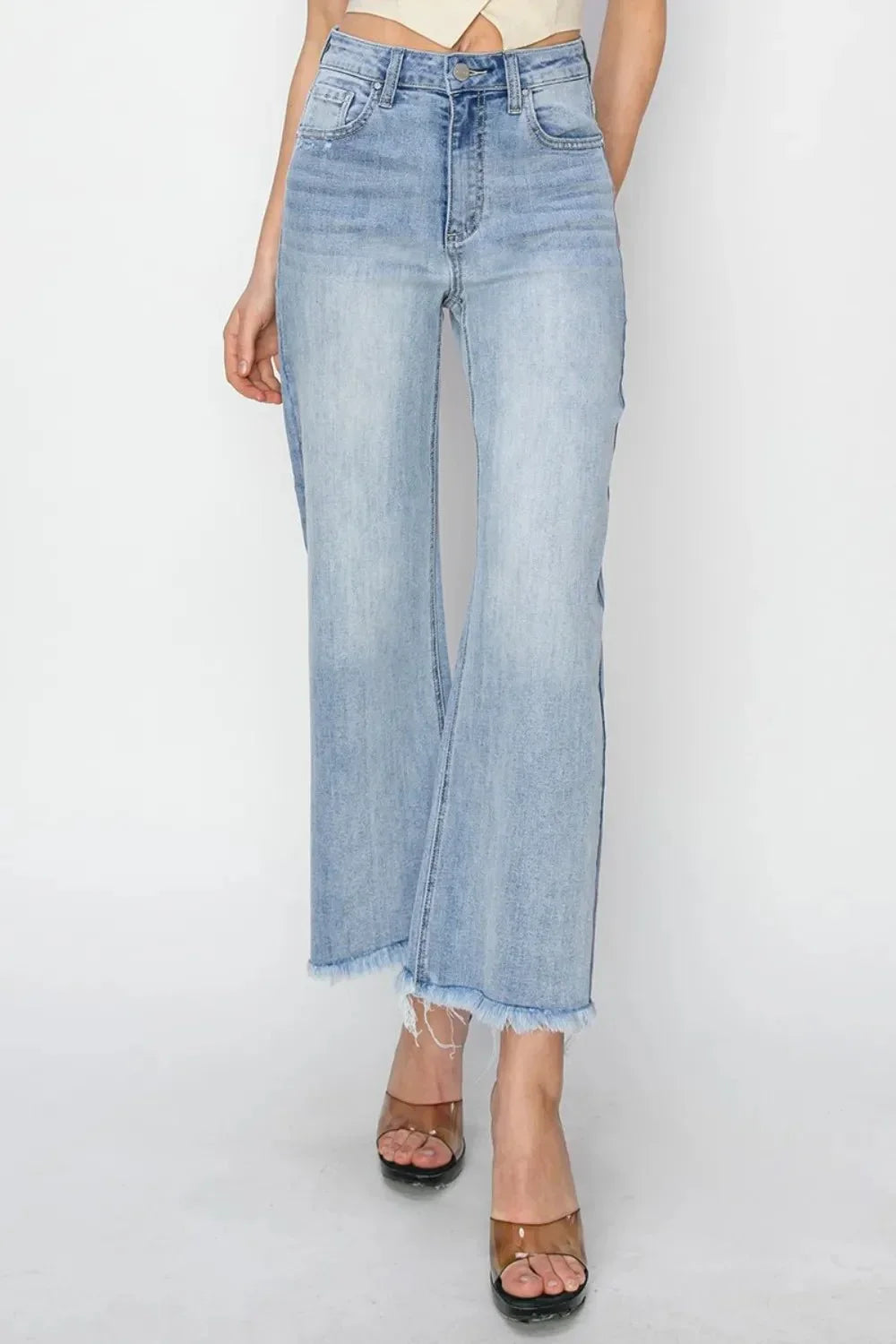 RISEN High Rise Crop Wide Fray Hem Jeans - VILLA FASHION