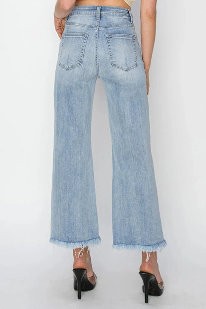 RISEN High Rise Crop Wide Fray Hem Jeans - VILLA FASHION