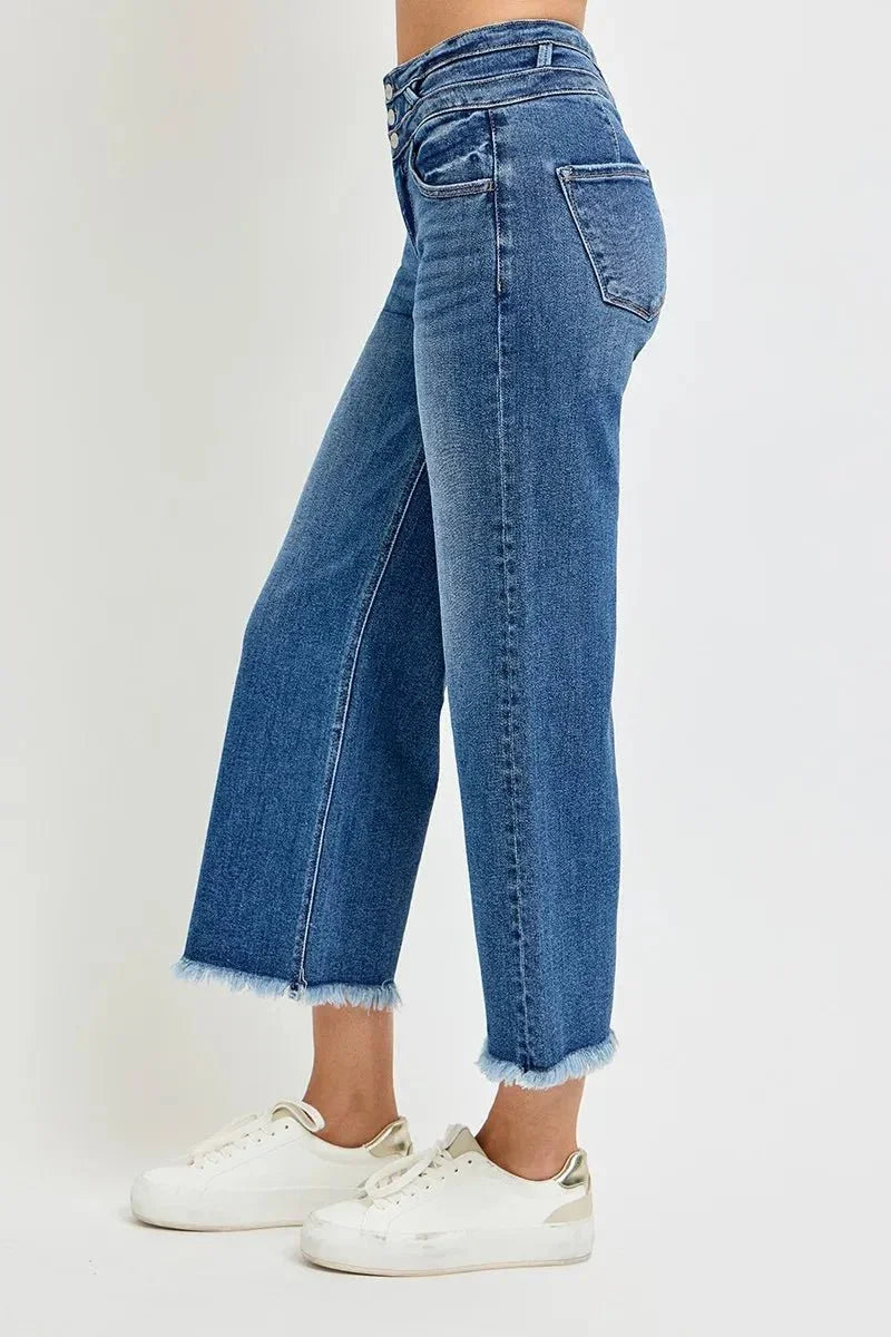 RISEN High Rise Crop Wide Leg Jeans with Wide Band Detail - VILLA FASHION