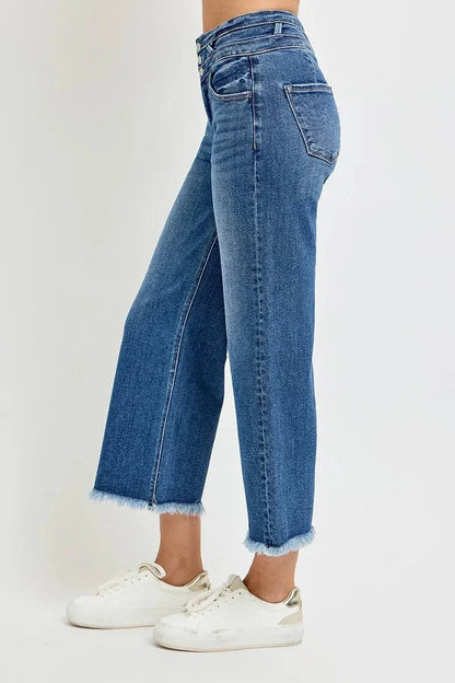RISEN High Rise Crop Wide Leg Jeans with Wide Band Detail - VILLA FASHION
