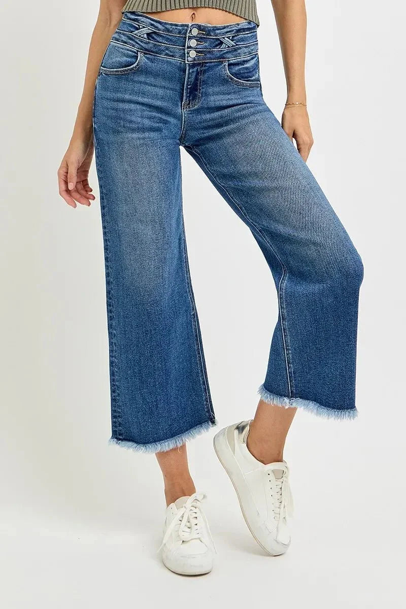 RISEN High Rise Crop Wide Leg Jeans with Wide Band Detail - VILLA FASHION