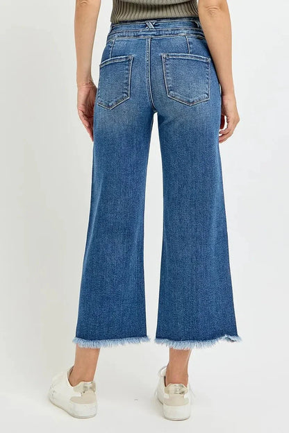 RISEN High Rise Crop Wide Leg Jeans with Wide Band Detail - VILLA FASHION