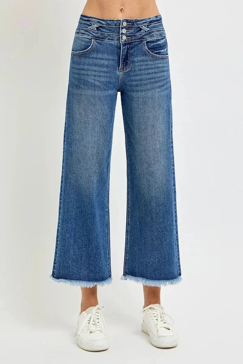 RISEN High Rise Crop Wide Leg Jeans with Wide Band Detail - VILLA FASHION
