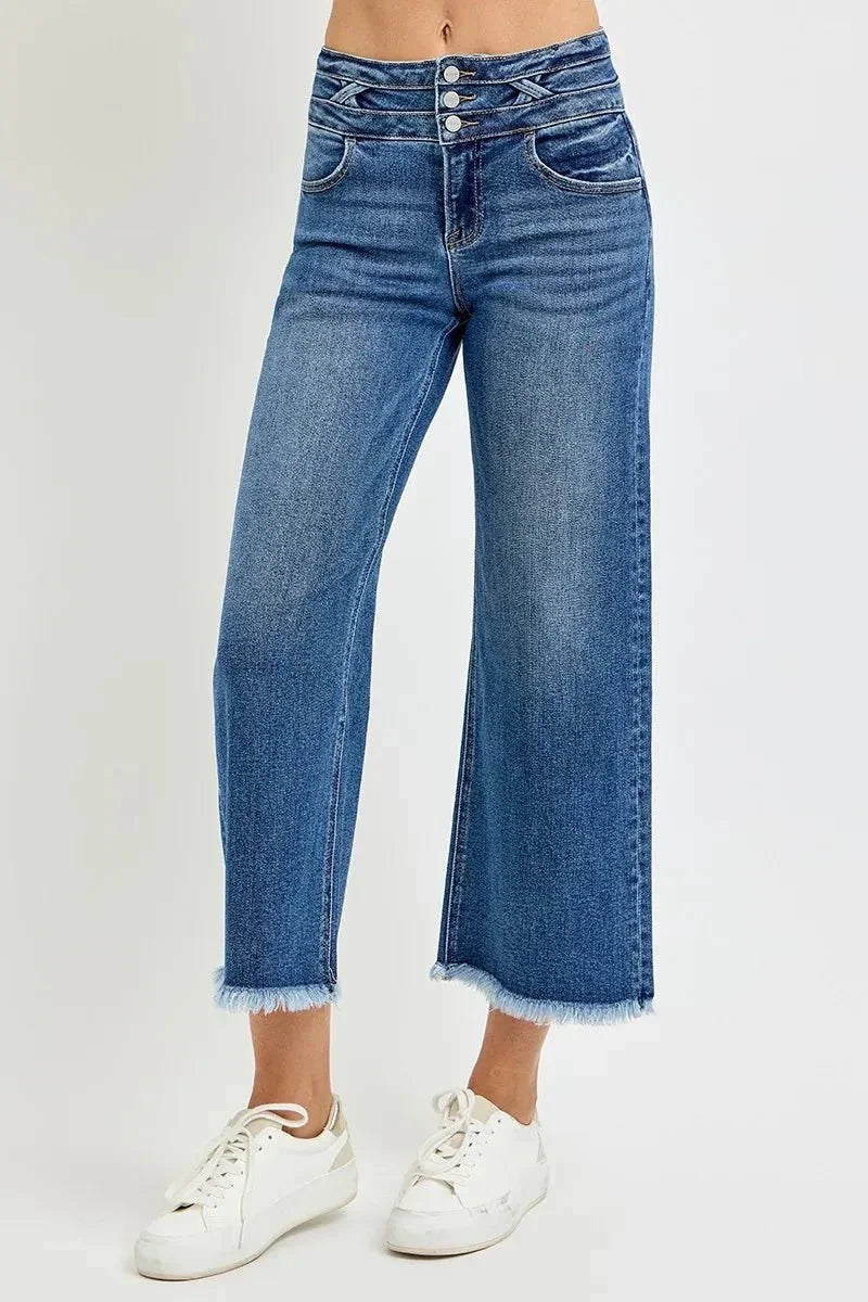 RISEN High Rise Crop Wide Leg Jeans with Wide Band Detail - VILLA FASHION