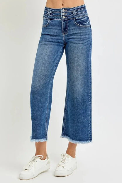 RISEN High Rise Crop Wide Leg Jeans with Wide Band Detail - VILLA FASHION