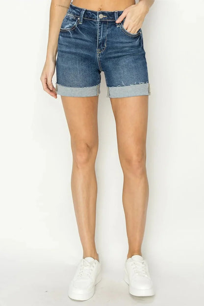 RISEN High Rise Cuffed Denim Shorts - VILLA FASHION